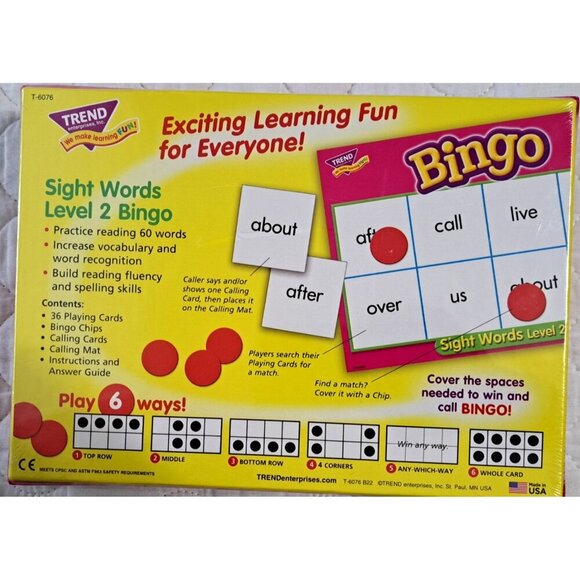 Trend Enterprises Inc Sight Words Level 2 Bingo Game Ages 5+ HomeSchool Reading - Picture 5 of 9